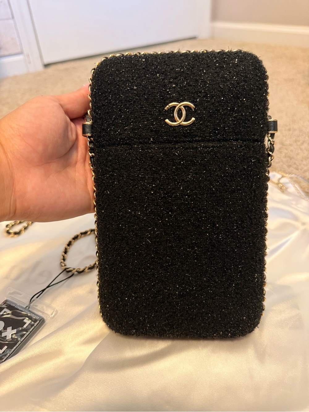 Chain Around Chanel Black Tweed Sparkly Crossbody Phone Pouch